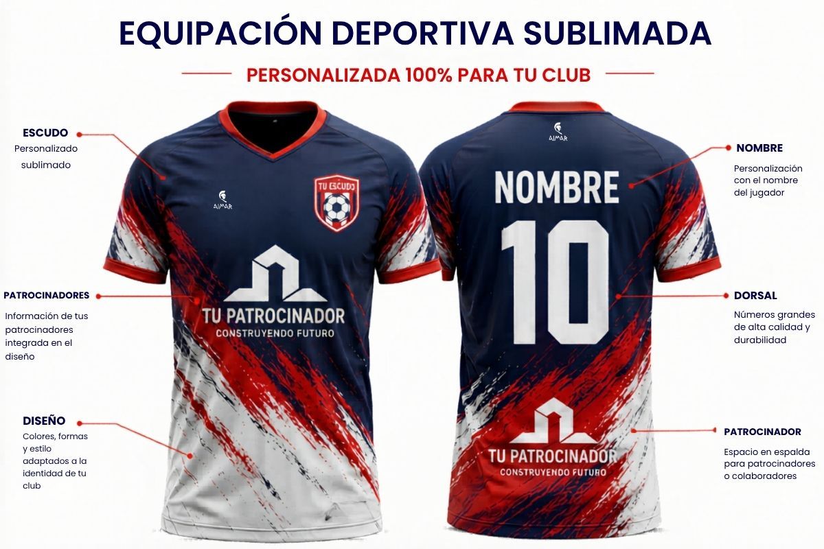 Equipación deportiva sublimada personalizada con escudo, patrocinador, dorsal y nombre